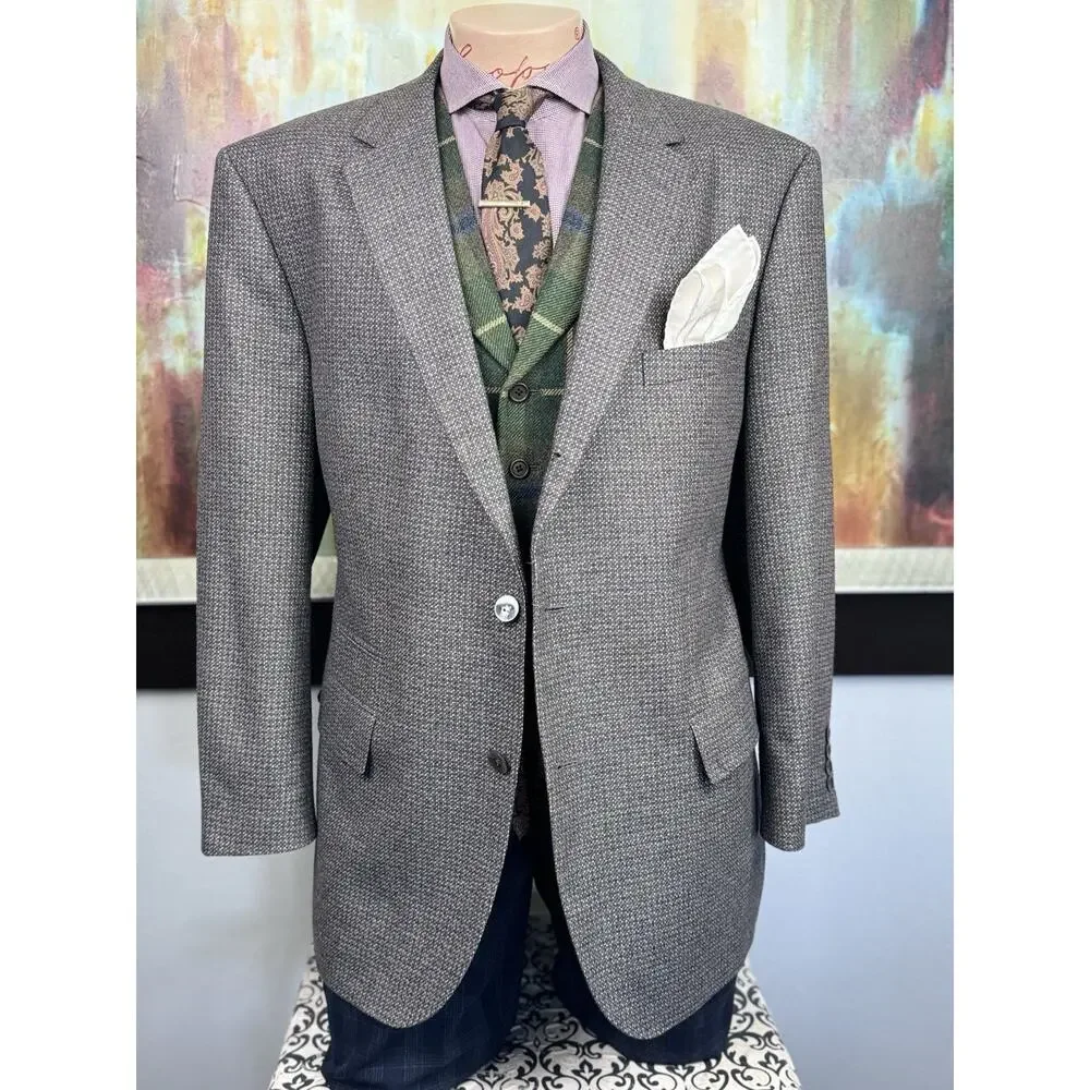 Hugo Boss Mens Brown Argyle Silk Wool Cashmere Blend Blazer 48R